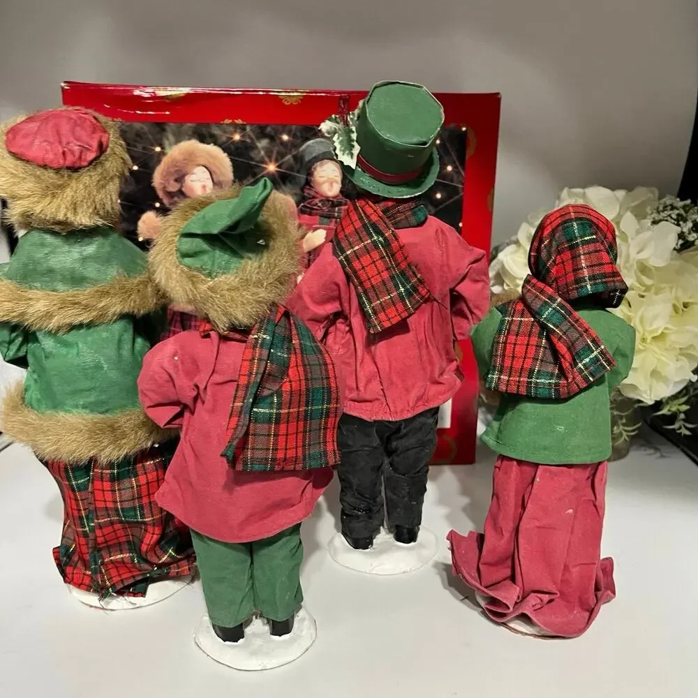 Vintage Christmas Family Home For The Holidays Fabric Mache Carolers Set of Four